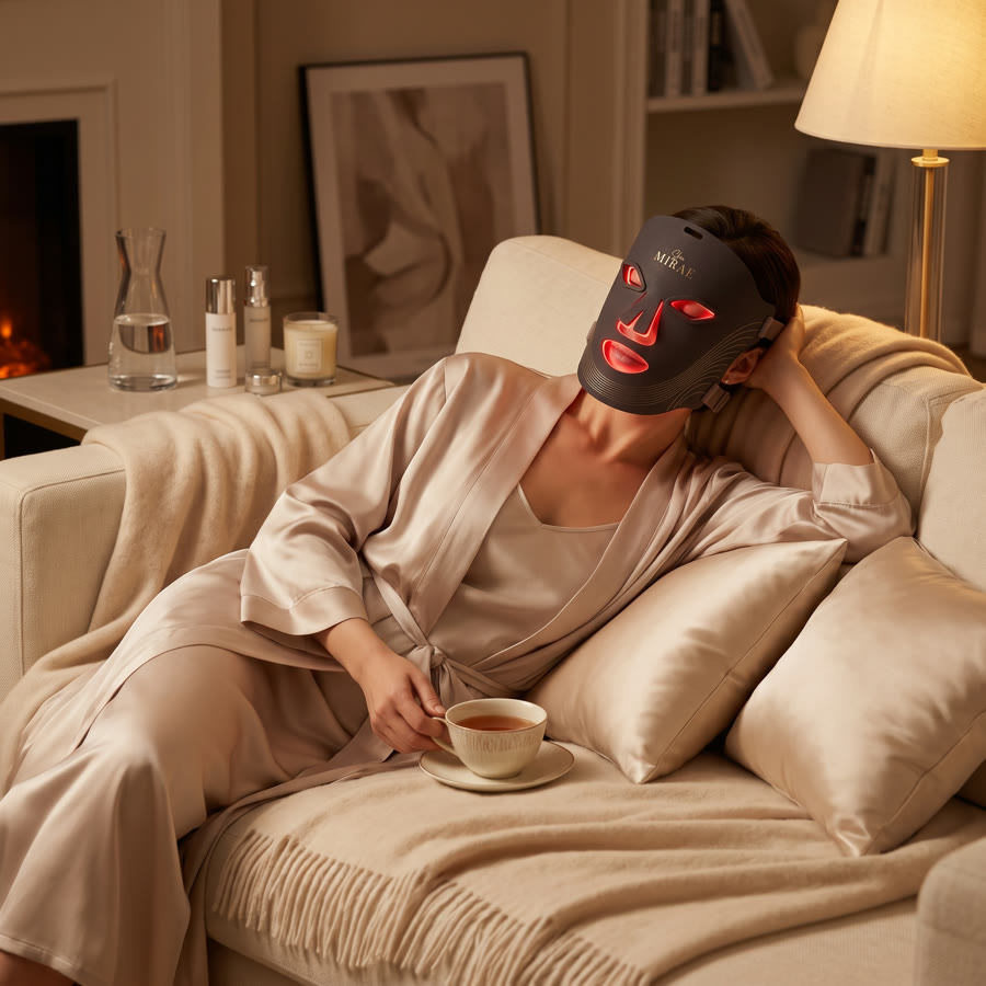Woman relaxing on a cream sofa with a cup of tea while wearing the SkinMirae light therapy mask