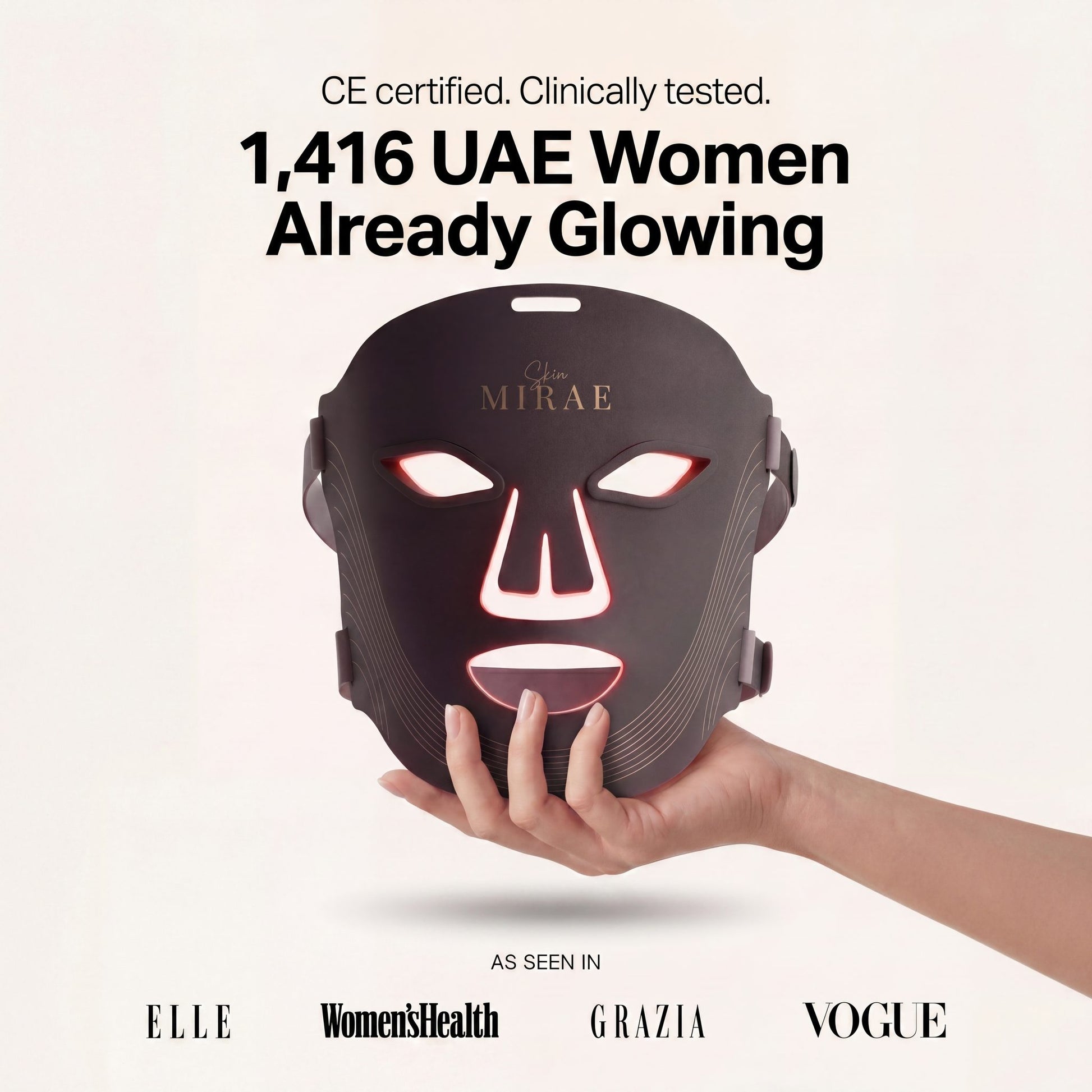 UAE woman using SkinMirae LED light therapy face mask at home for glowing skin and breakout control