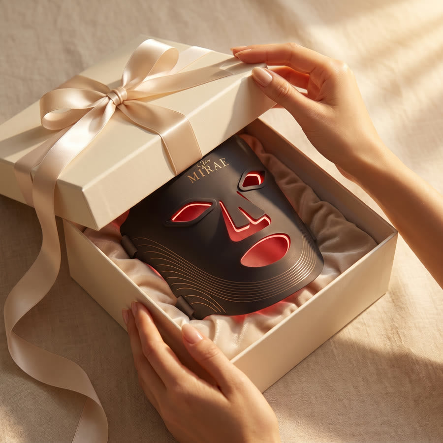 Hands opening a cream gift box with ribbon revealing the SkinMirae face mask inside